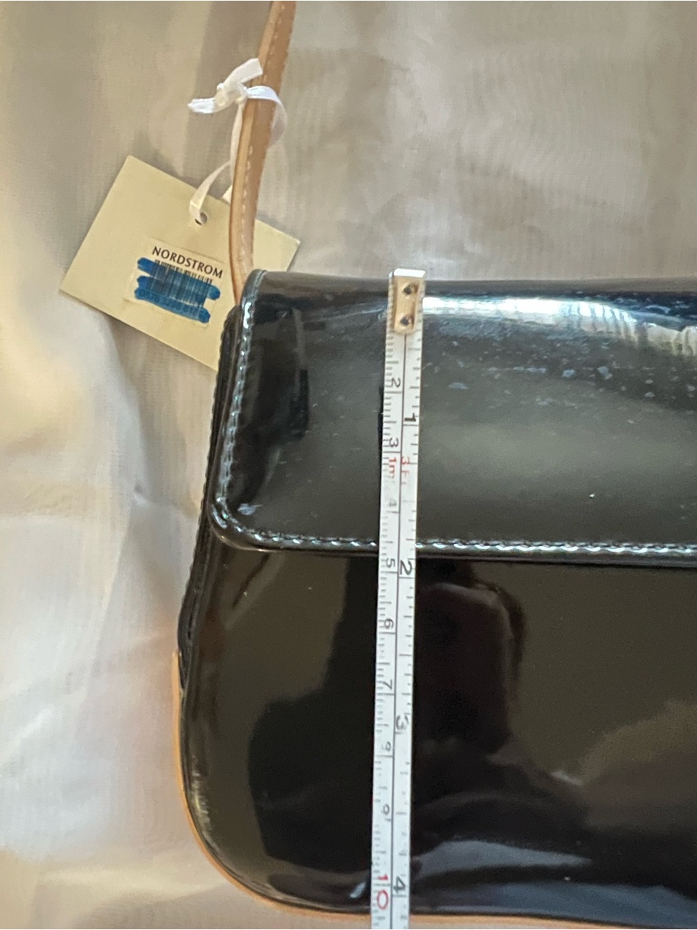 👜 Amanda Smith Black Patent Shoulder Bag with Tan Strap - NWT -Price penned-up. - Picture 5 of 7